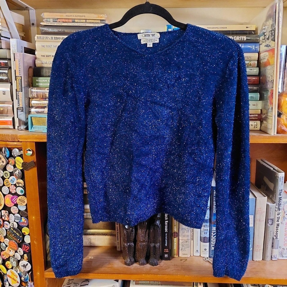 Greenrose Vintage Y2K Blue Sparkly Metallic Tinsel Knit Sweater S Long Sleeve